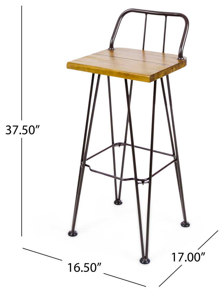 GDF Studio Outdoor Teak Finish Acacia Wood Barstools With Iron Frame, Set of 2