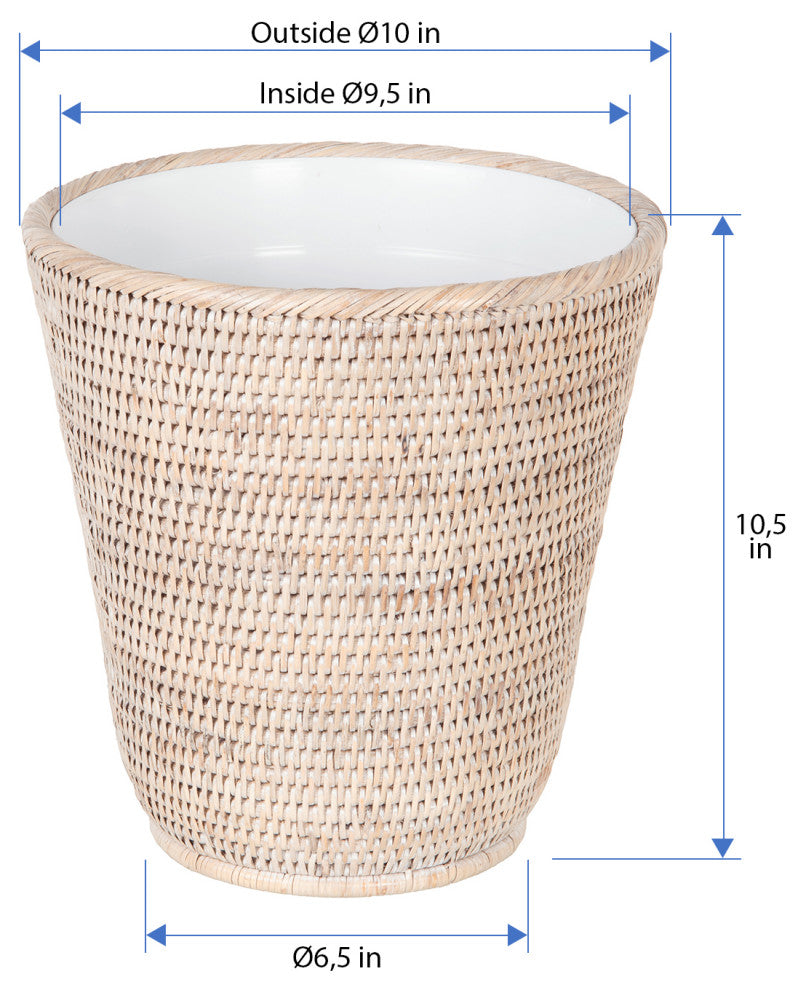 La Jolla Rattan Waste Basket With Plastic Insert, White Wash