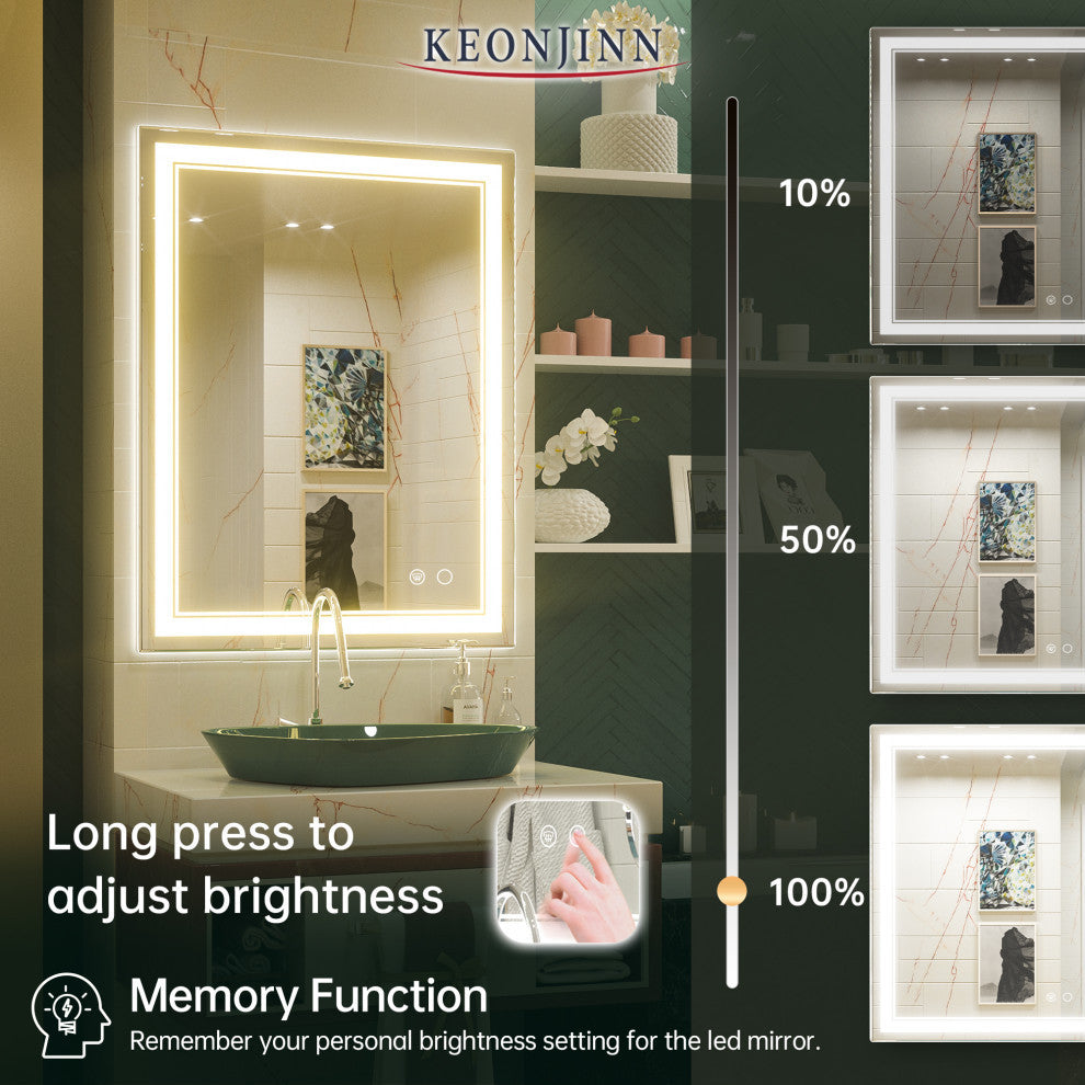 3-Colors LED Bathroom Mirror, Anti-Fog Memory Dimmable, Sliver, 36"x28"
