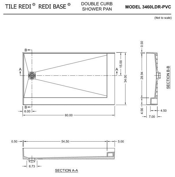 Tile Redi 3460LDR-PVC 34"x60" Double Curb Shower Pan With Left PVC Drain