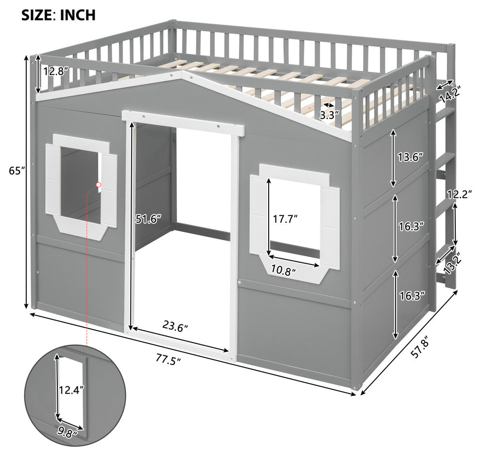 Gewnee Full Size Wood House Loft Bed With Ladder in Gray+White