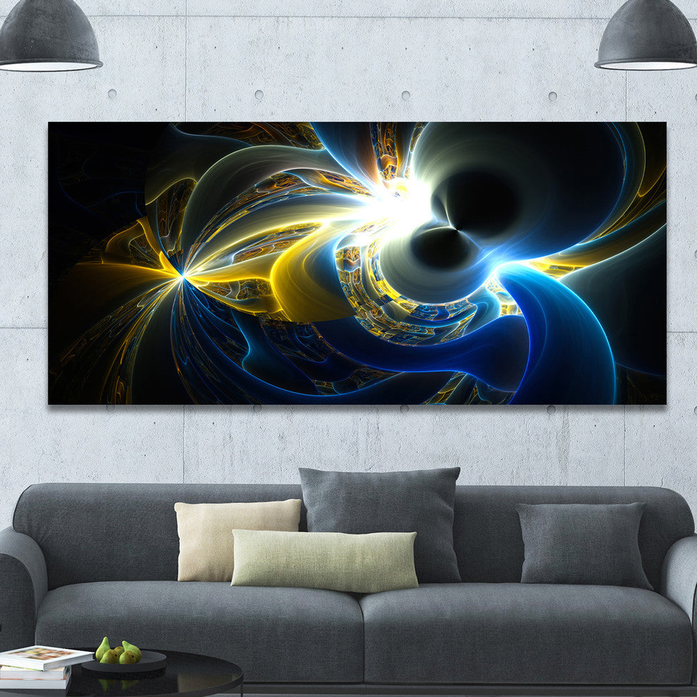 Glowing Blue Yellow Plasma, Oversized Abstract Canvas Art Print, 60x28