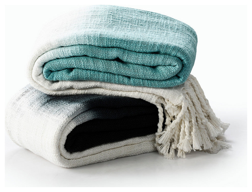 Shibori Slab Throw Blanket with Fringe, Angel Blue