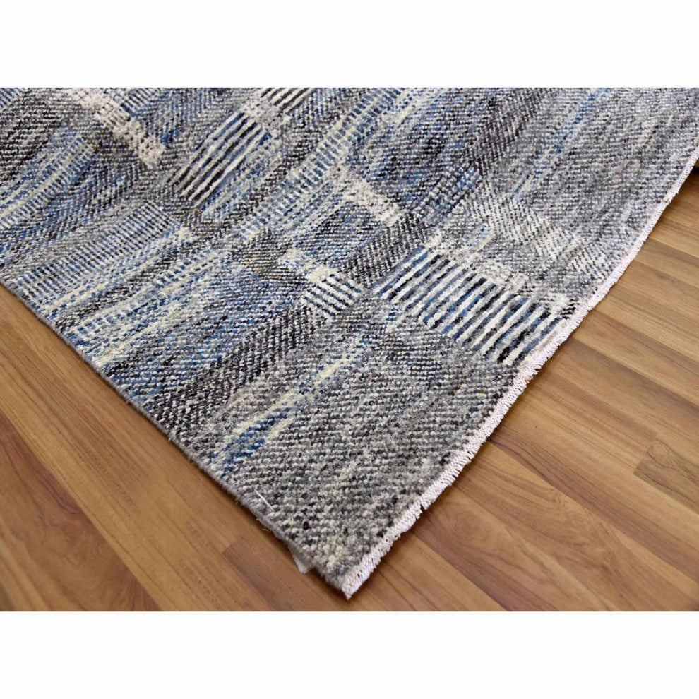 Beige Hand Knotted Geometric Opened Up Plaid Design 100% Wool Rug, 8'0"x10'2"
