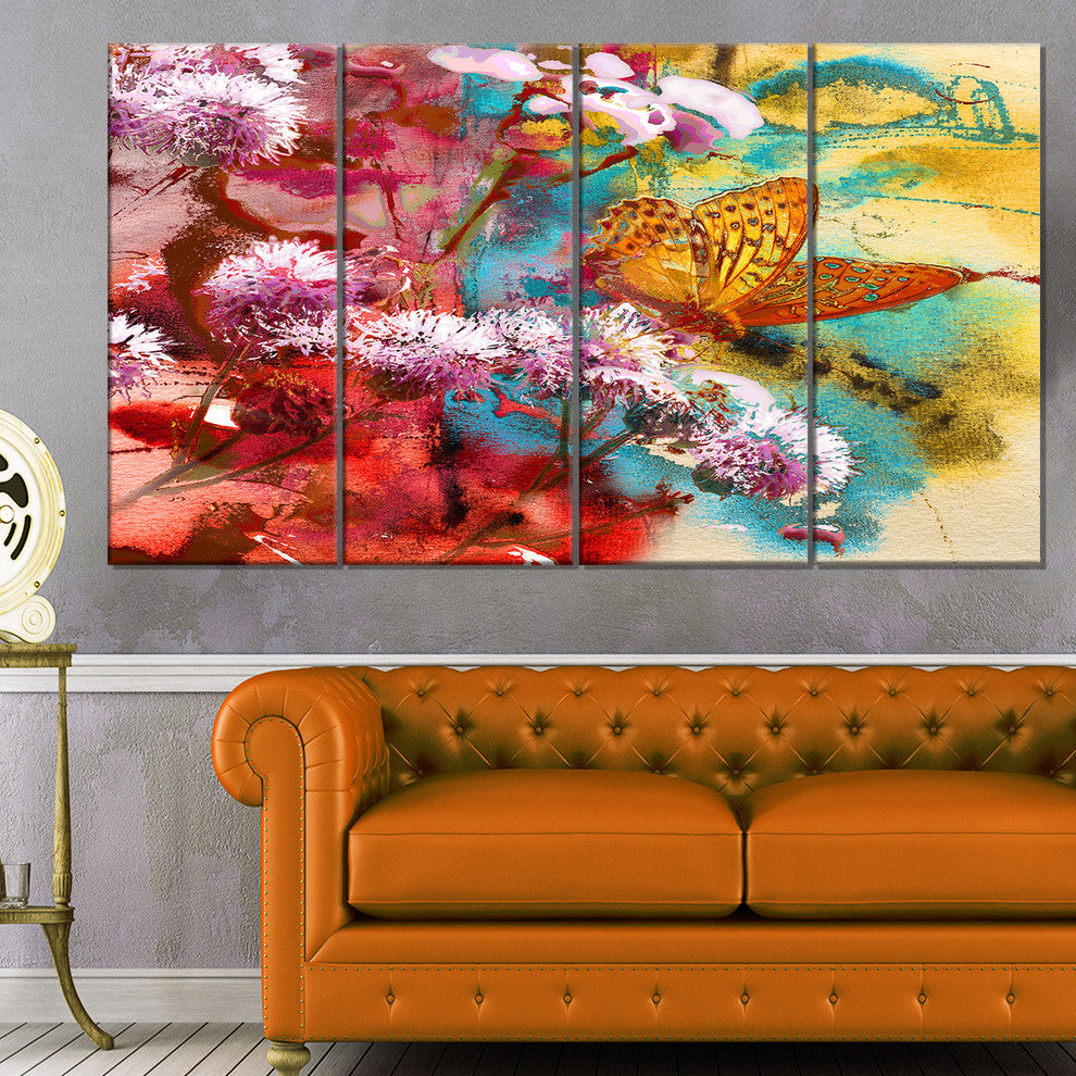 Butterfly and Abstract Design Watercolor, Floral Art Wall Art, 48"x28", 4 Panels