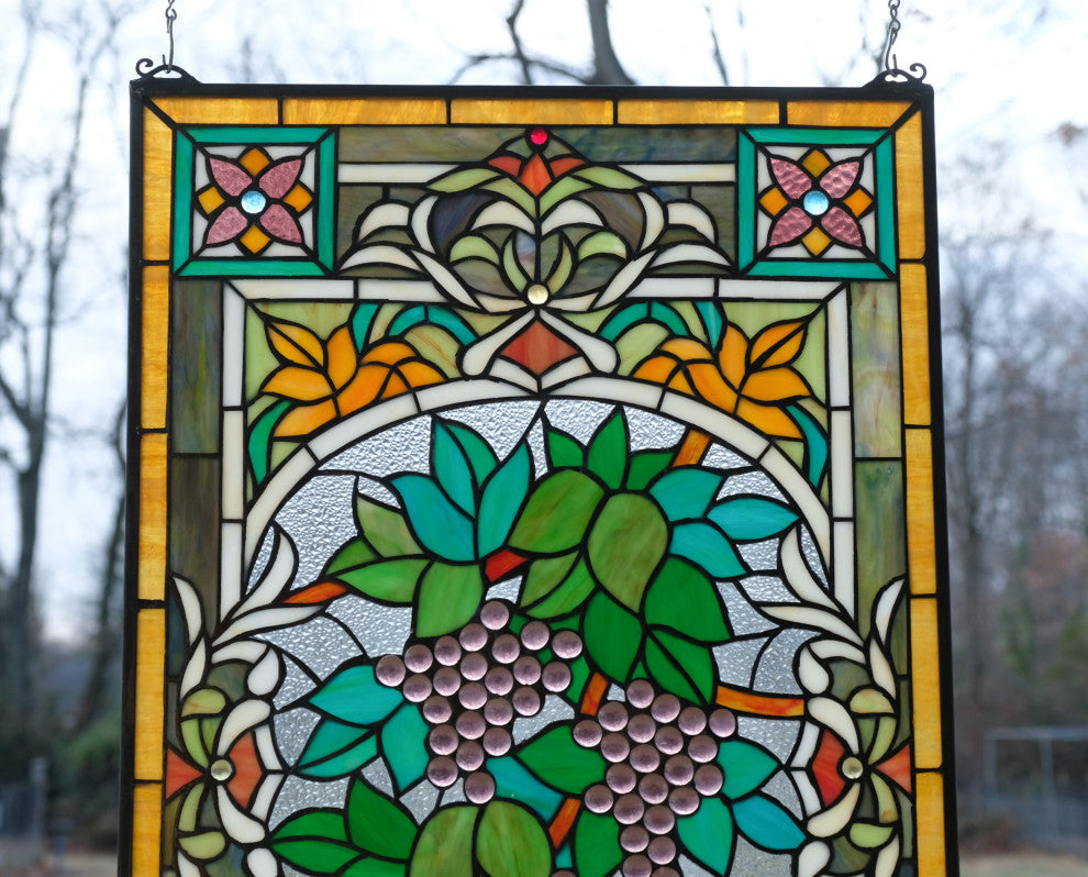 20" x 33.75" Large Handcrafted glass window panel Grape W/ Vine