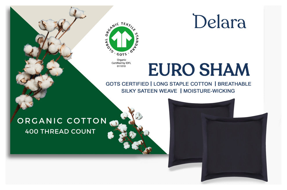 Delara GOTS Certified 100% Organic Cotton Euro Sham Set of 2, Dark Gray