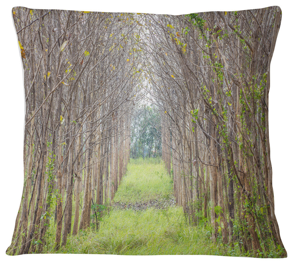 Pathway Through Fall Green Trees Landscape Photography Throw Pillow, 16"x16"