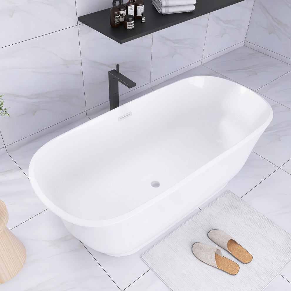 Acrylic Oval Freestanding Flatbottom Soaking Bathtub in Glossy White, 67"31"