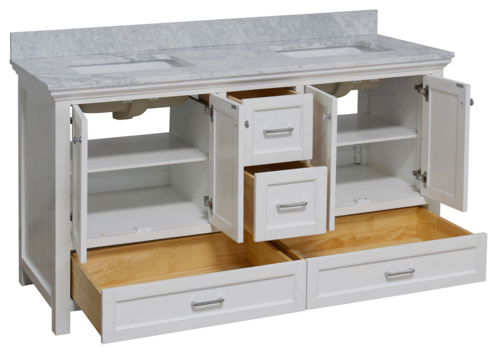 Paige 60" Bathroom Vanity, White, Carrara Marble, Double Sink