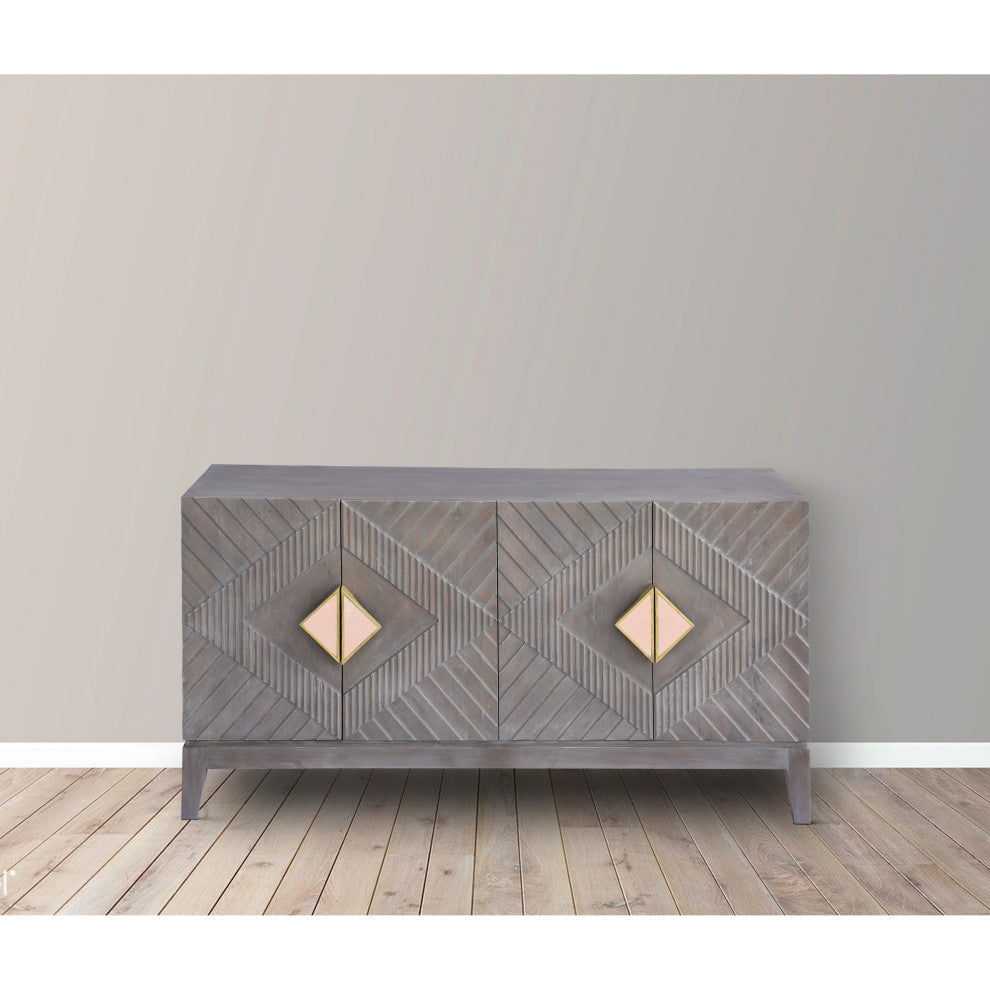 55" Mango Wood Sideboard Cabinet Console 4 Doors Shelf Diamond Carving Gray