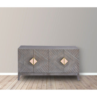 55" Mango Wood Sideboard Cabinet Console 4 Doors Shelf Diamond Carving Gray