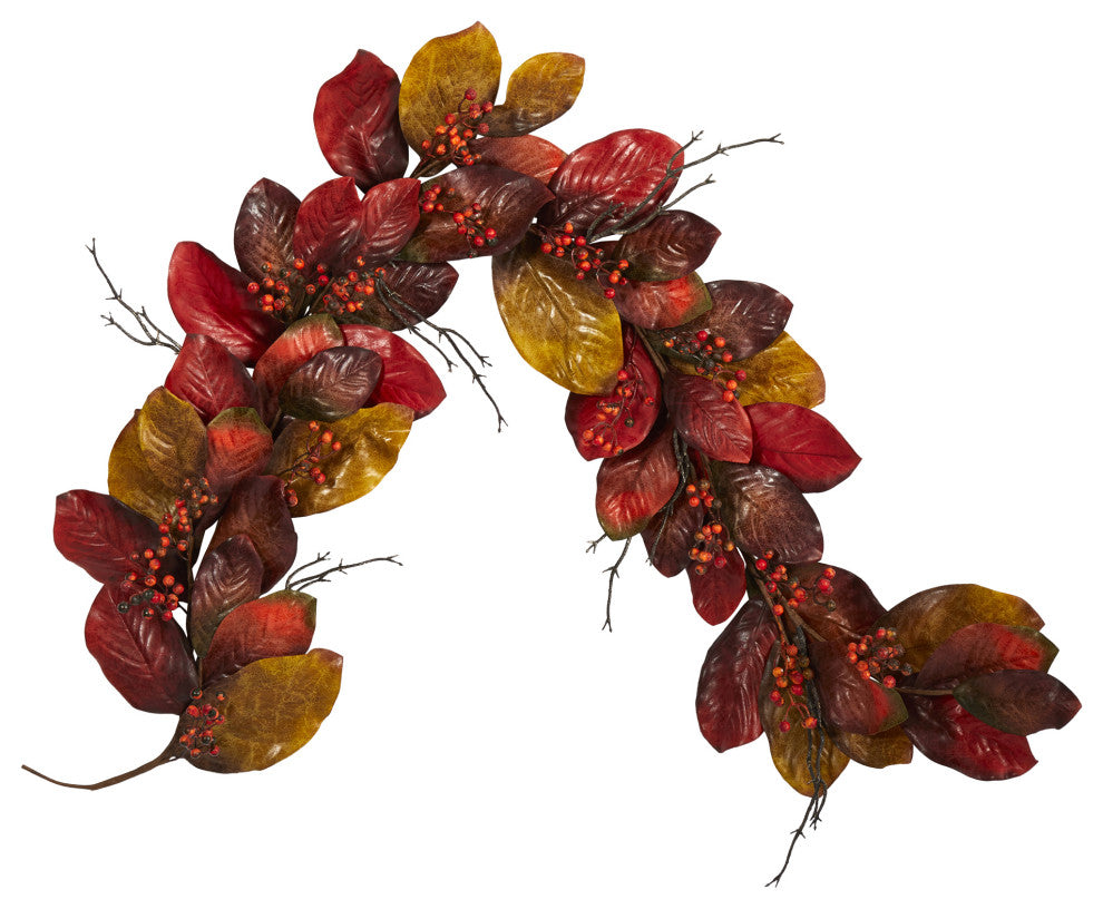 Nearly Natural 6' Autumn Magnolia Leaf with Berries Artificial Garland