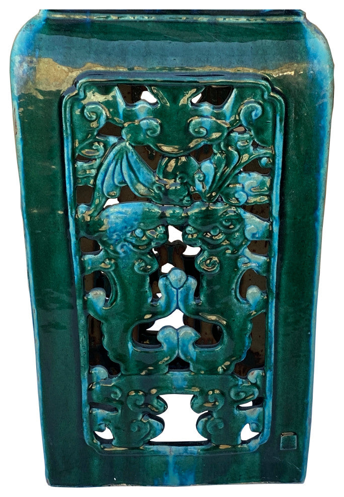 Ceramic Clay Green Square Tall Pedestal Table Bats Dragons Stand Hcs6996
