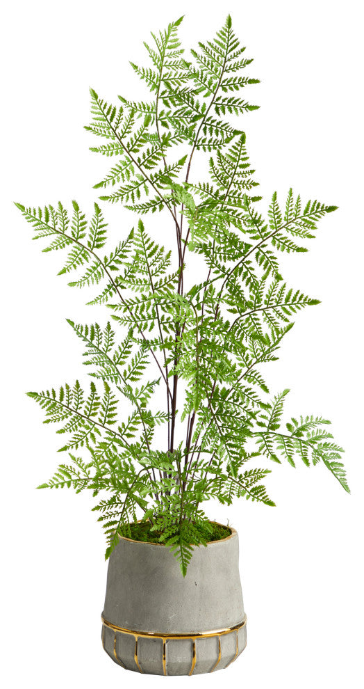 3' Ruffle Fern Artificial Tree, Stoneware Planter With Gold Trimming