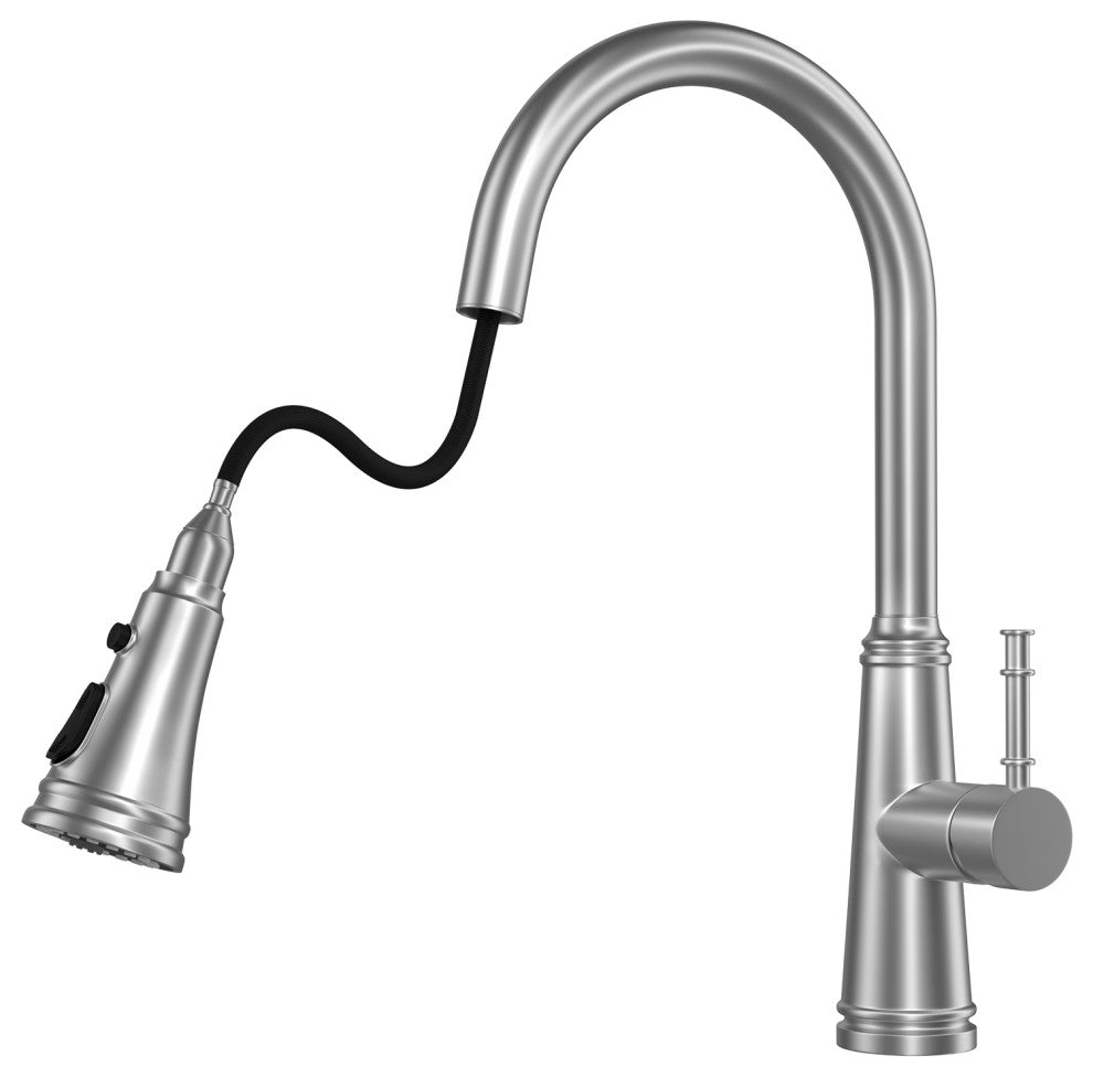Single Handle Deck Mounted High Arc Pull Out Stainless Steel Kitchen Faucet, Bru