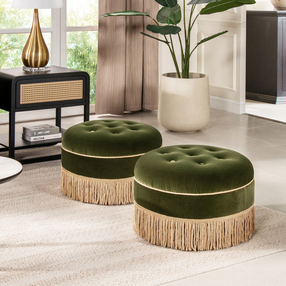 Yolanda 24" Upholstered Round Accent Ottoman, Olive Green Performance Velvet