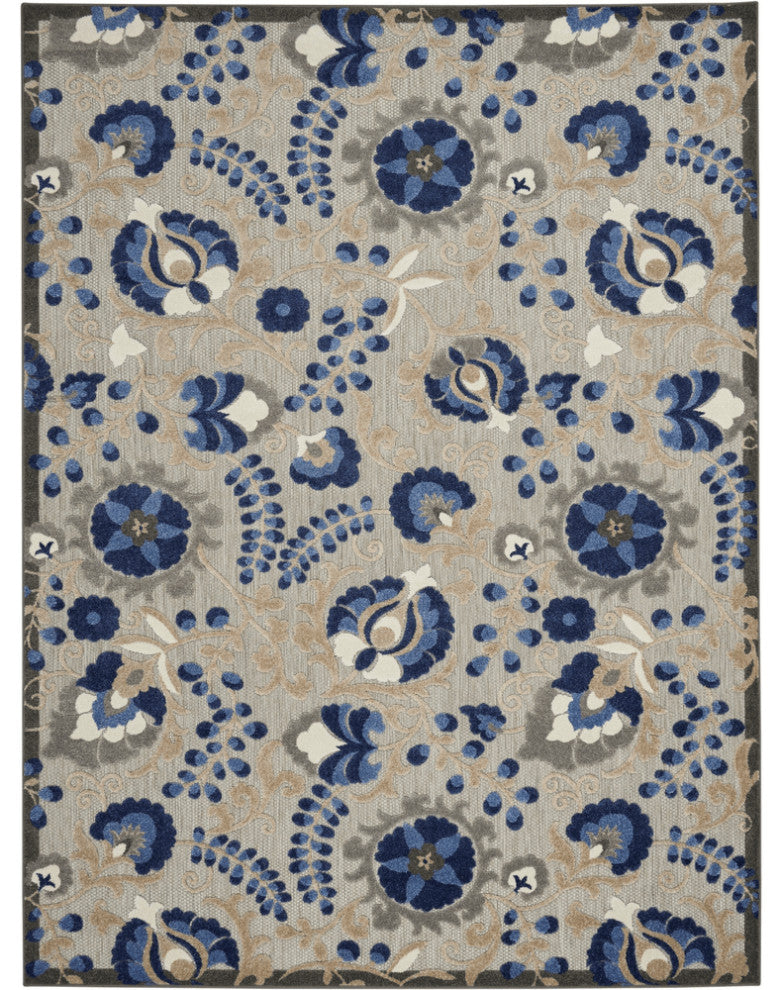 10' X 13' Natural And Blue Toile Non Skid Indoor Outdoor Area Rug