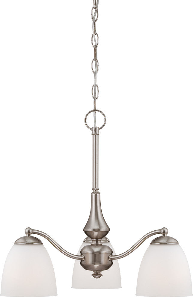 Patton 3 Light Chandelier With Frosted Glass, Arms Down