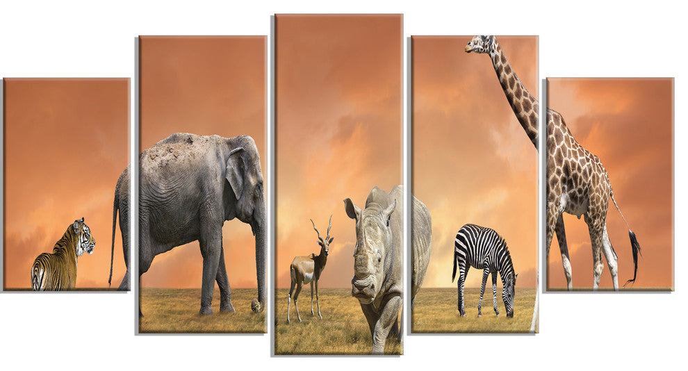 Savannah Wildlife Panorama, African Canvas Art Print, 60"x32", 5 Panels