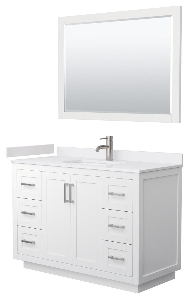 48"SGL Vanity White, White Cult. Marble Countertop, Sink, Nickel Trim, 46"Mirror