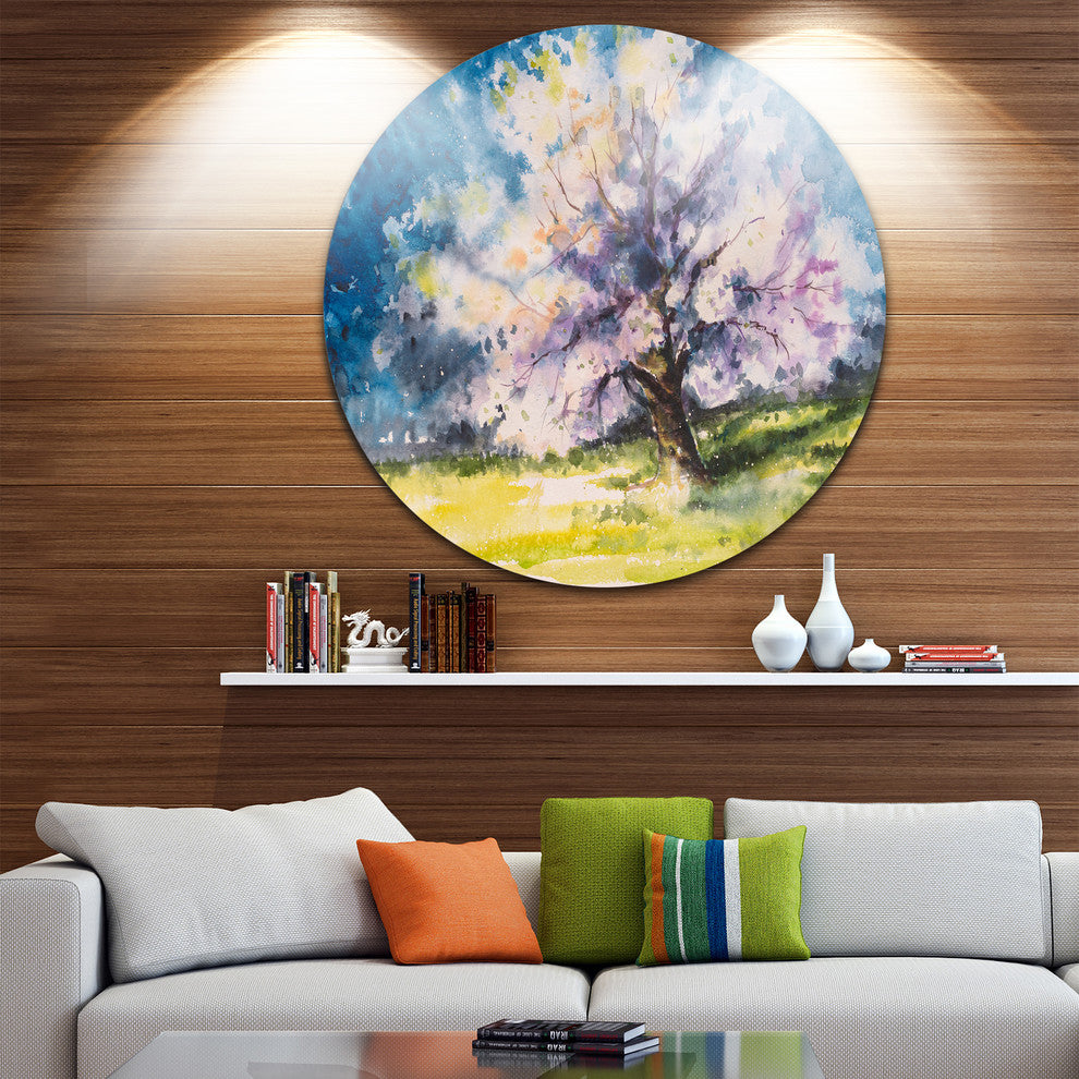Blooming Cherry Tree Blue, Floral Watercolor Disc Metal Artwork, 23"