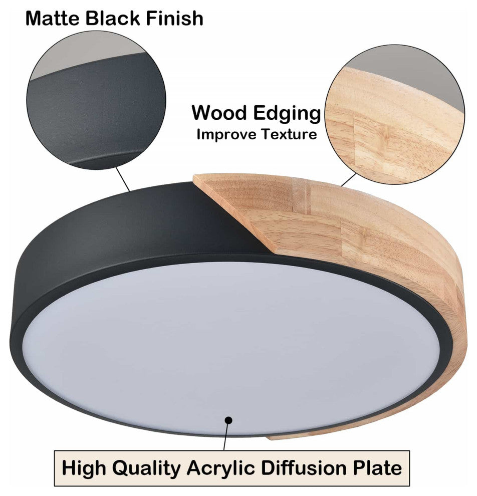 Modern LED Flush Mount Ceiling Light 2-Pack,Black and Wood Finish
