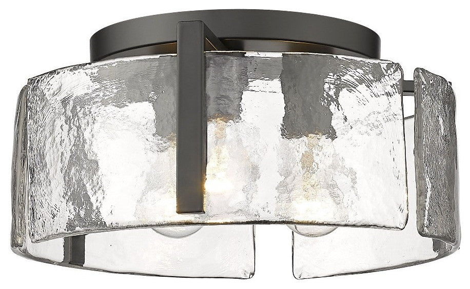Modern 3-Light Flush Mount Matte Black Steel Arms Hammered Water Glass Panels