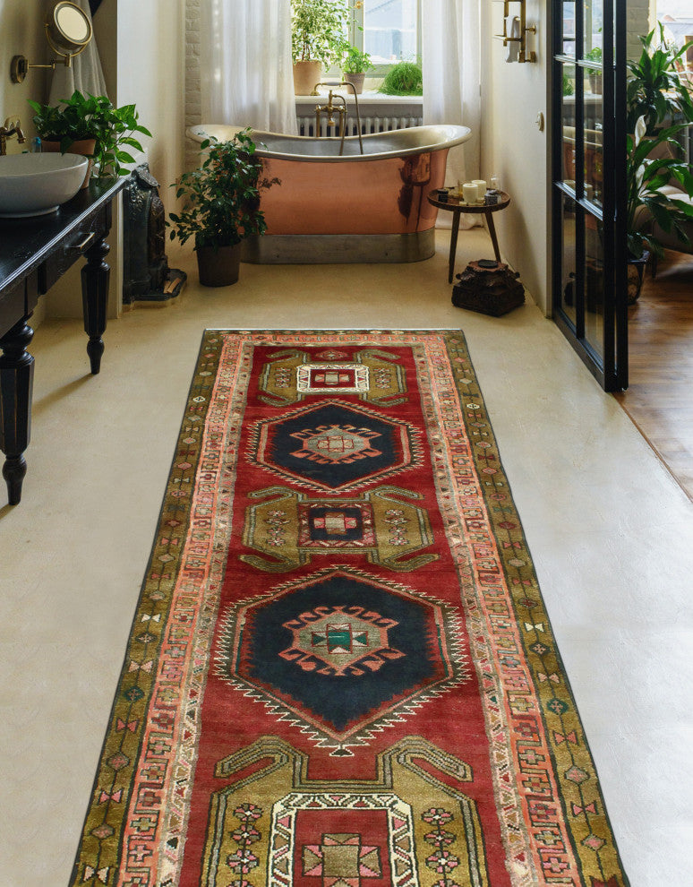 Fine Vintage Distressed Behice Burgundy/Charcoal Runner, 3'4 x 9'2