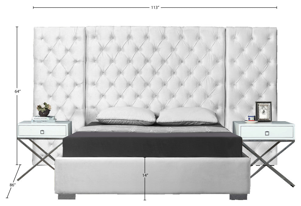 Grande Velvet Bed, White, Queen