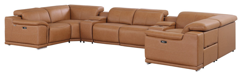 Federico 8-Piece Top Grain Italian Leather U Sectional-4 Power Recliners, Cognac