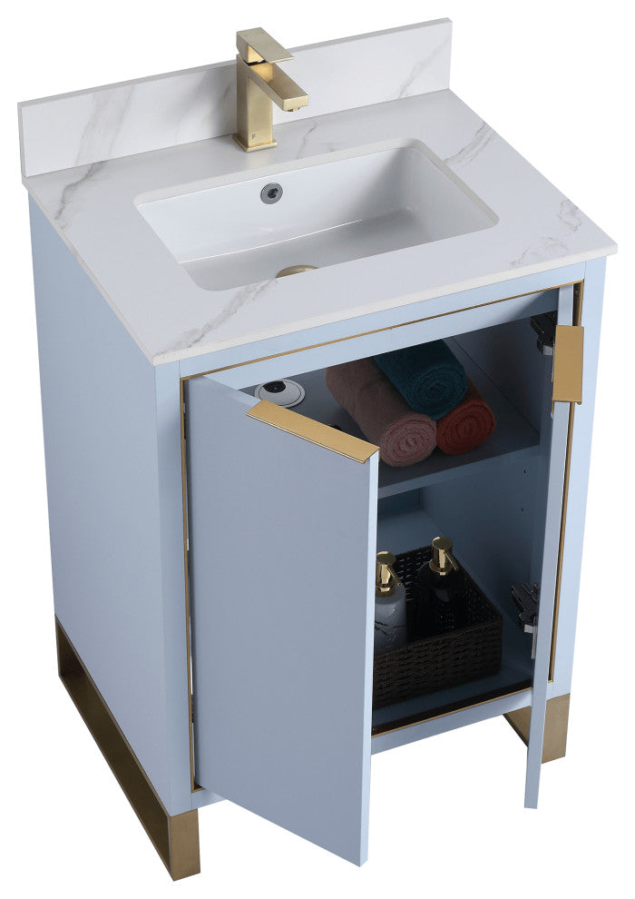 Opulence Bath Vanity, Pastel Blue, 24", Satin Brass Hardware, White Carrara Top