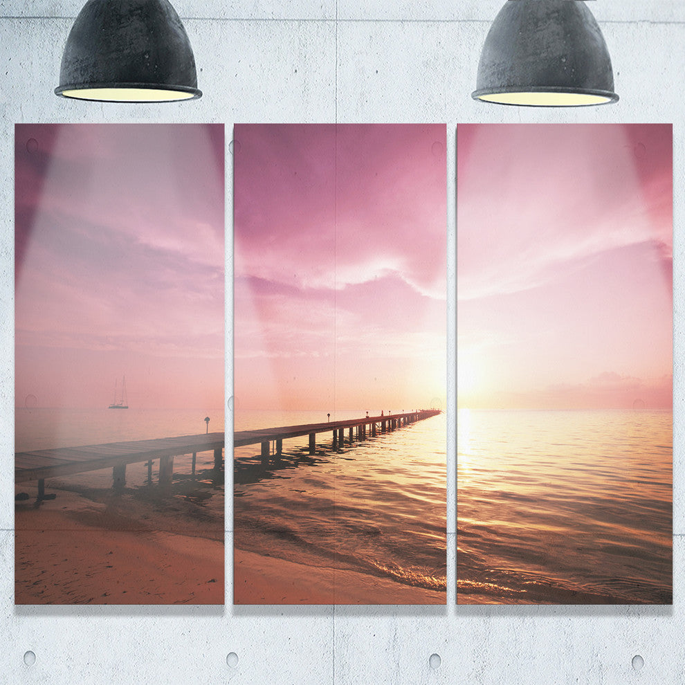 "Long Boardwalk into Sunset Sea" Sea Bridge Metal Wall Art, 3 Panels, 36"x28"