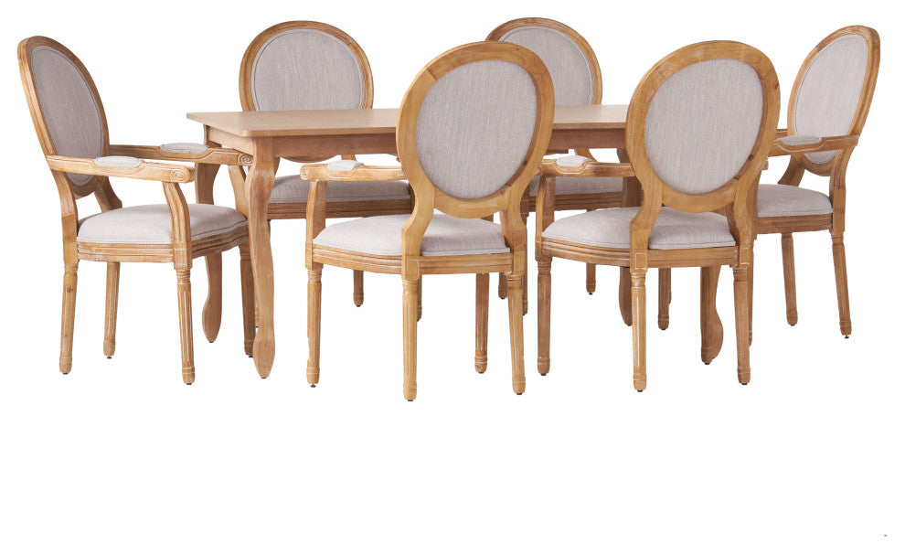 Comisky French Country Fabric Upholstered Wood Expandable 7-Piece Dining Set, Natural Brown/Light Gray