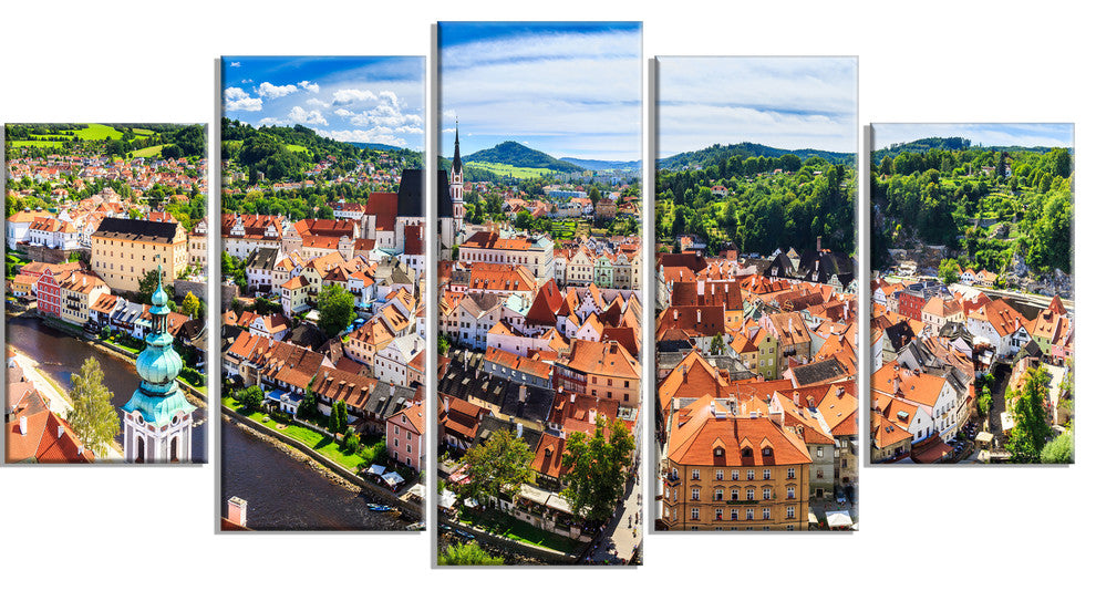 City Aerial View Panorama, Large Cityscape Canvas Art Print, 60"x32", 5 Panels