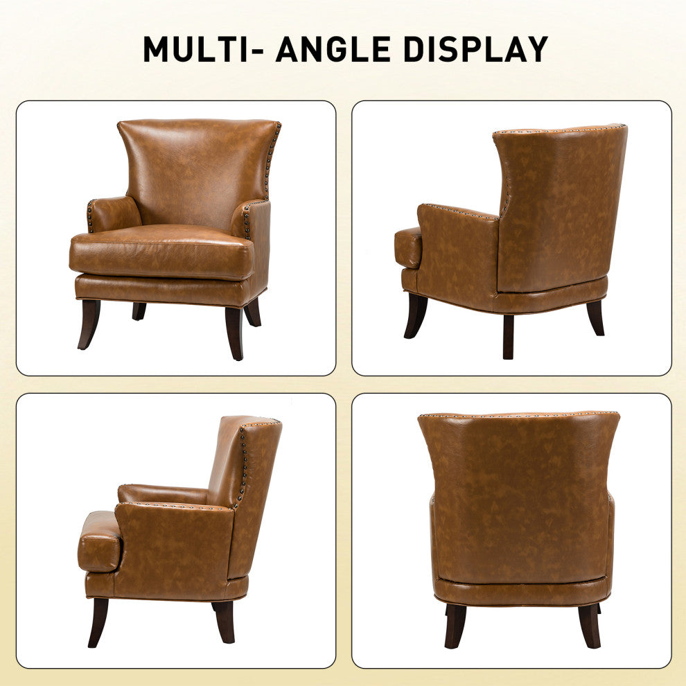 Classic Wooden Upholstered Leather Armchair, Camel