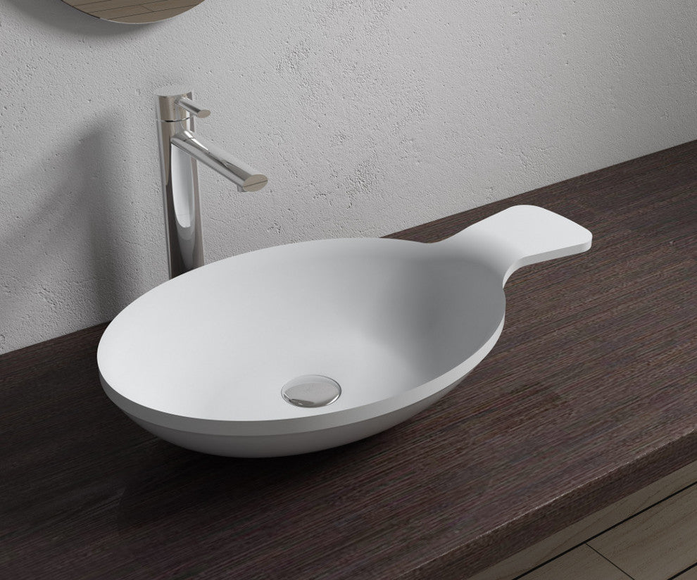 Polystone Spoon Vessel Bathroom Sink, Glossy White, No Faucet