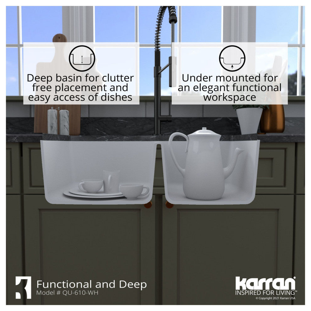 Karran USA QU-610 Quartz QU 32" Undermount Double Basin Quartz - White
