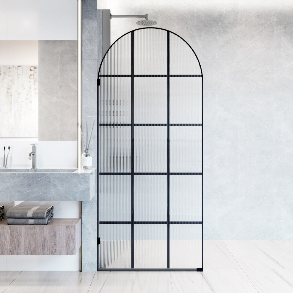VIGO Arden 34" W x 78" H Framed Fixed Shower Screen, Grid, Fluted Glass, Matte Black