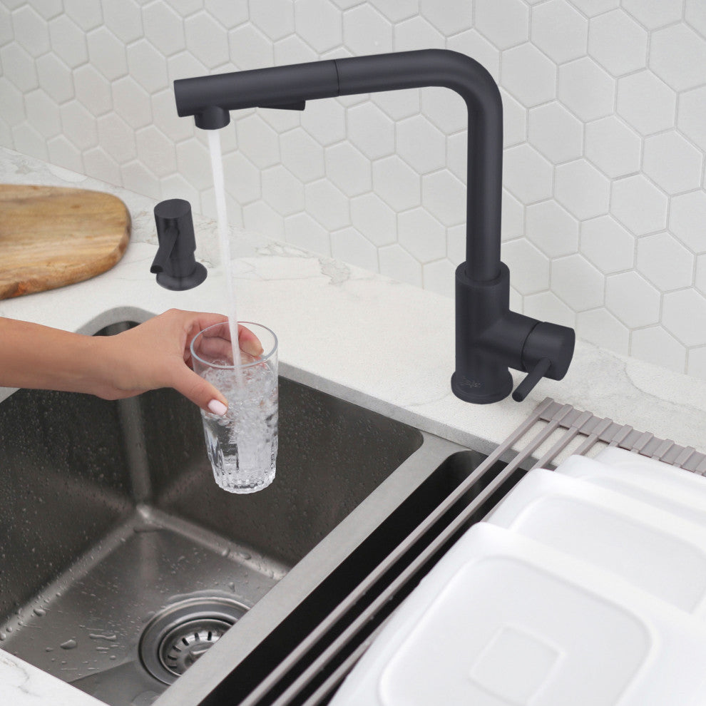 Stylish Pull Down Kitchen Faucet + Soap Dispenser Matte Black Finish
