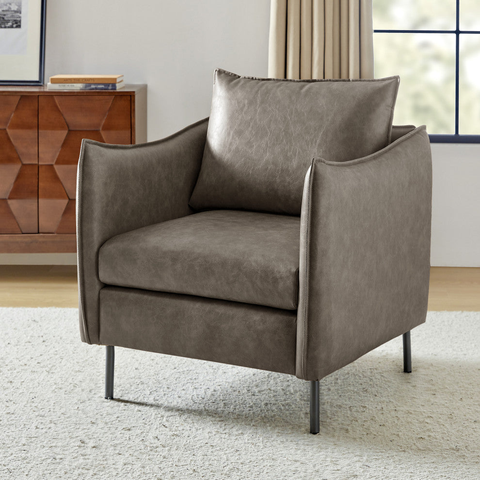 Traditional Leather Armchair With Metal Legs, Gray