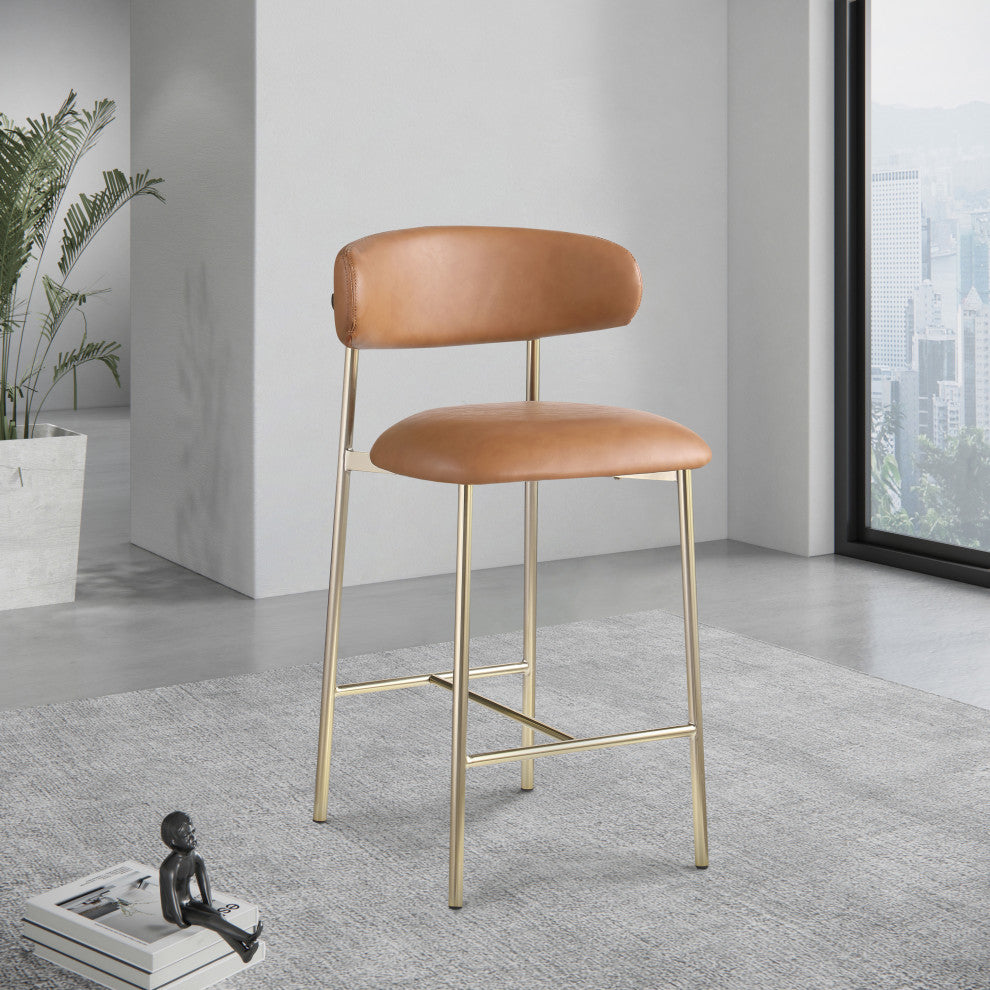 Lupita Upholstered Counter Stool, Cognac, Vegan Leather, Brushed Gold, Set of 2