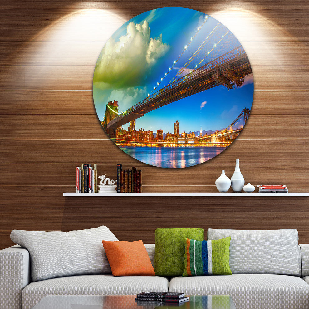 Brooklyn Bridge With Cloud In Sky, Cityscape Disc Metal Artwork, 11"