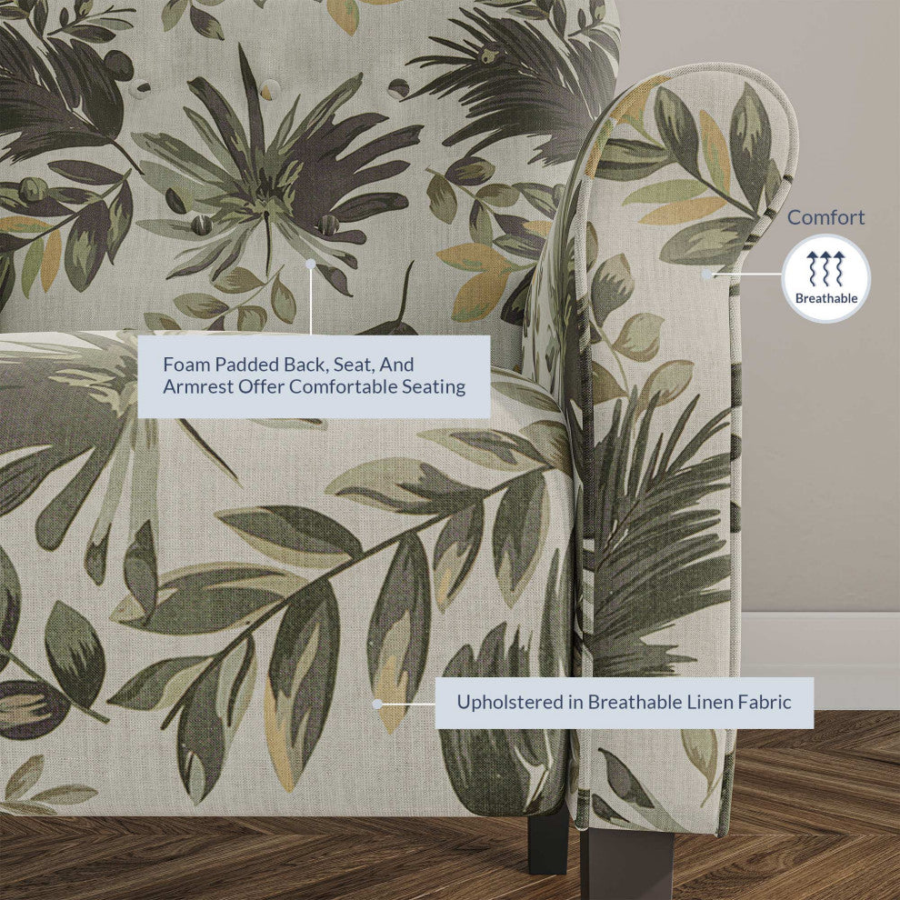 High Wingback Linen Armchair, Green Floral