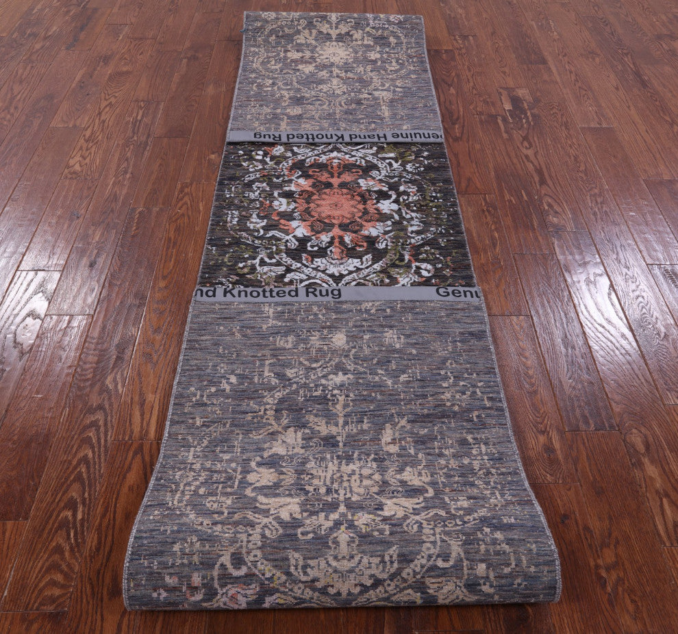 2' 6" X 14' 4" Runner Modern Wool and Silk Handmade Rug Q11838