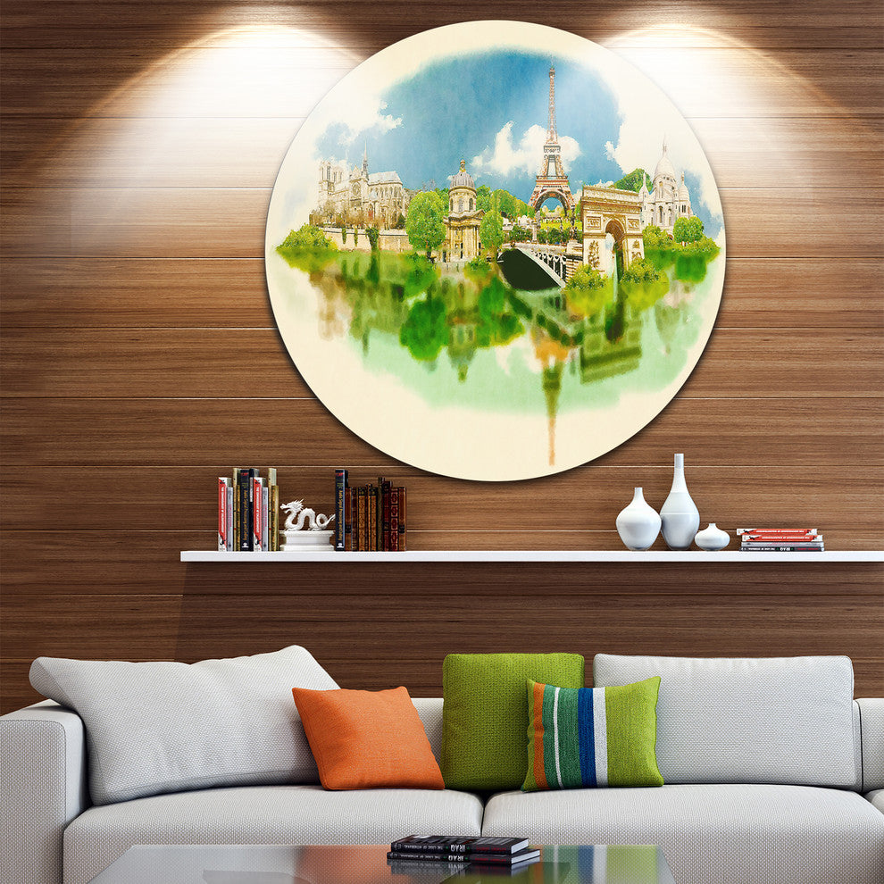 Paris Panoramic View, Cityscape Watercolor Round Metal Wall Art, 36"