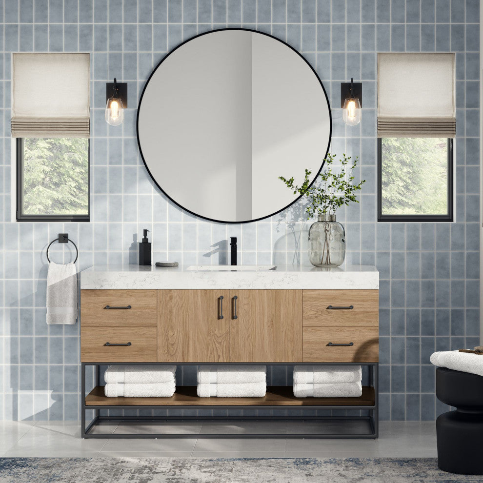 Bahia Bath Vanity, Oak, 60", Matte Black Hardware, Single, Freestanding