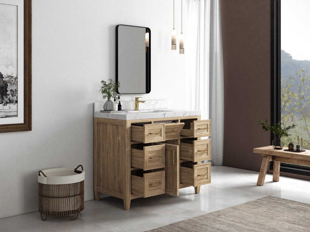 Santa Monica 42 Single Sink Bath Vanity in Whitewashed Teak 1.5" White Quartz