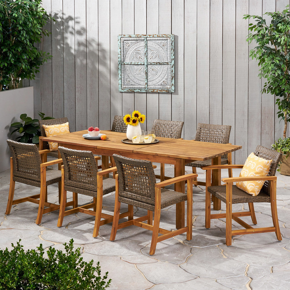Arno Outdoor 8-Seater Acacia Wood Dining Set With Expandable Table, Teak/Mocha