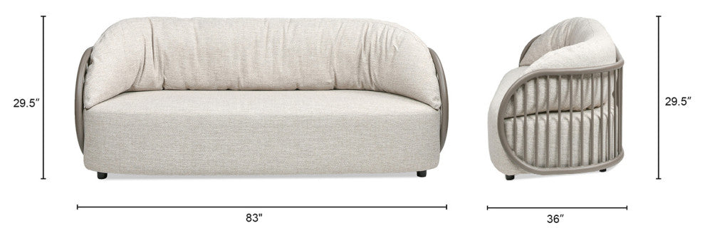 Harper 83" Taupe Greige Aluminum Barrel Deep Seating Outdoor Patio Sofa, Oat Beige Axroma Olefin